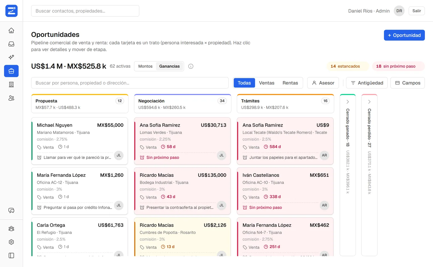 Tablero de oportunidades de ZaduCRM por etapas —Propuesta, Negociación, Trámites y Cerrado ganado— con el total de cada una y, en cada tarjeta, la comisión del asesor y su porcentaje
